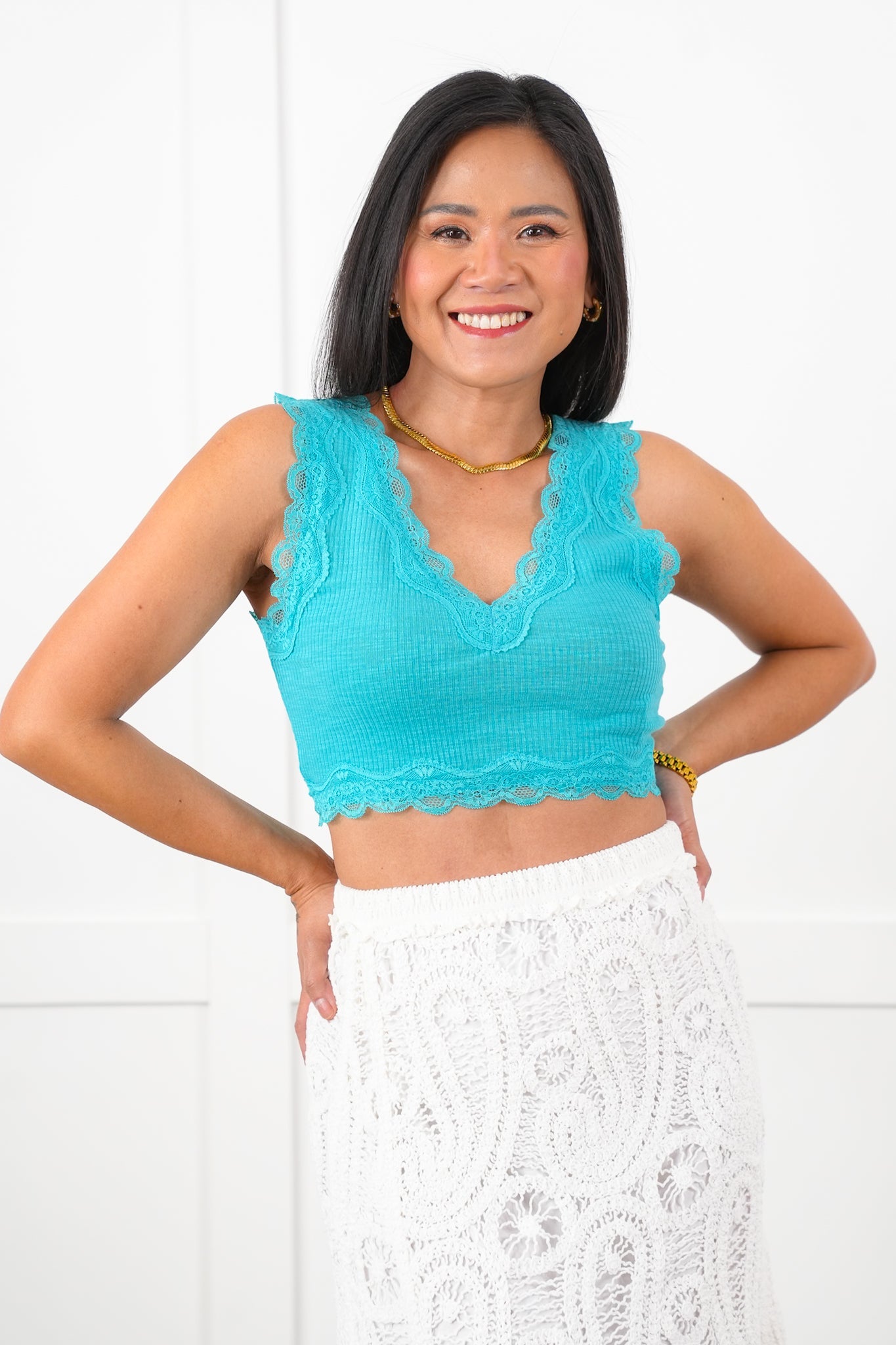 Restock! POL Rib Knit Sleeveless Double V Neck Crop Top with Lace Detail