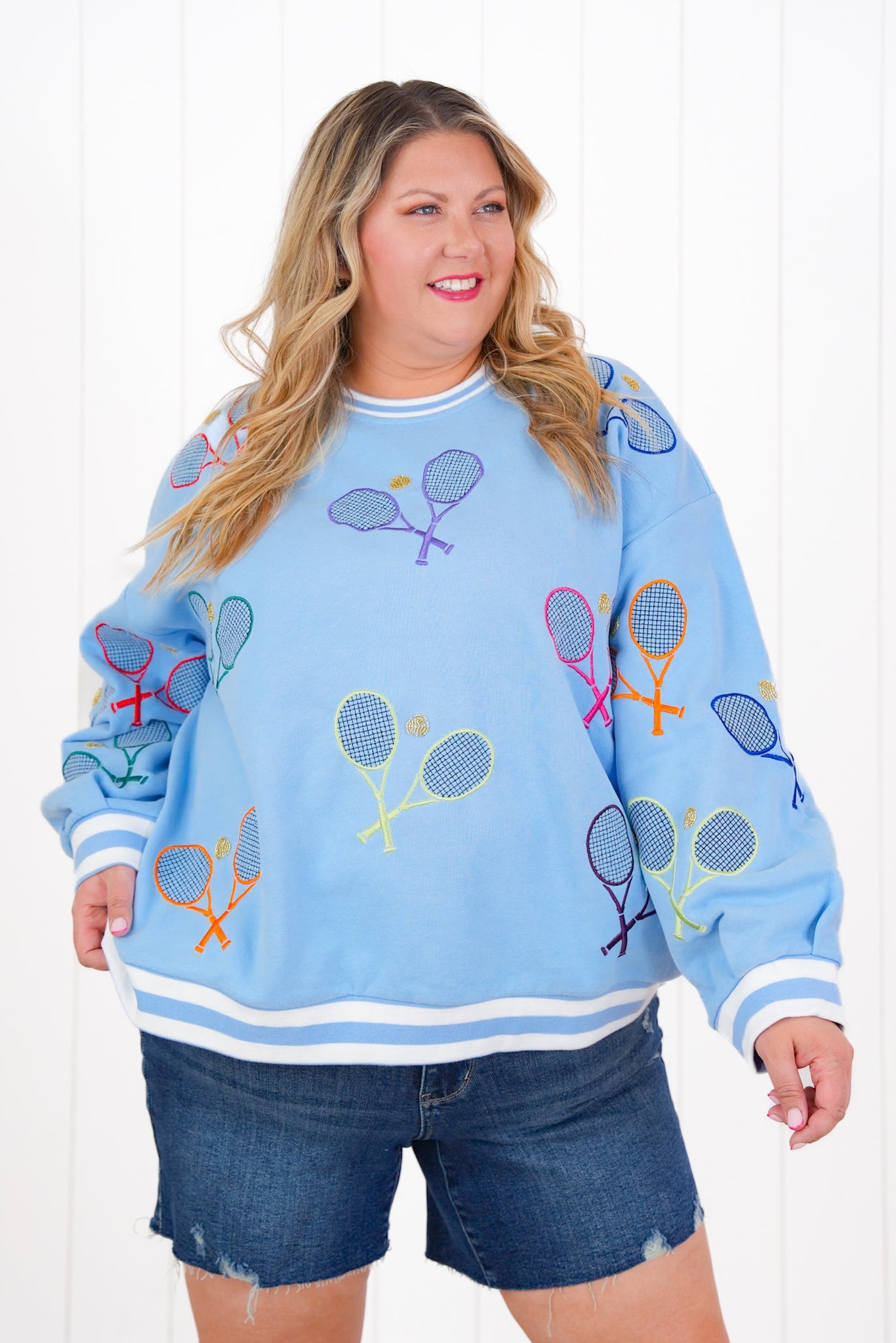 Plus/Reg Queen Of Sparkles Long Sleeve Sweatshirt With Tennis Detail