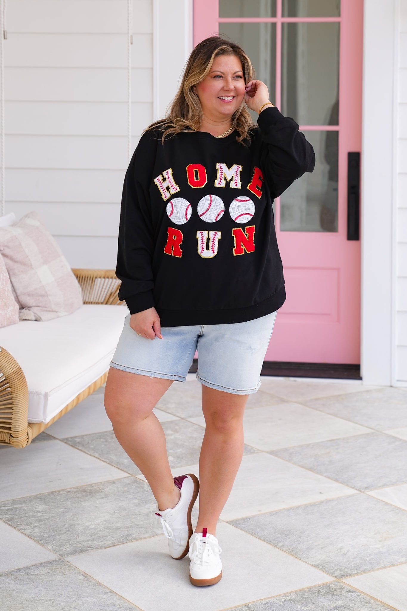 Long Sleeve " Home Run" Baseball Patches Pullover Sweatshirt with Sequin Detail