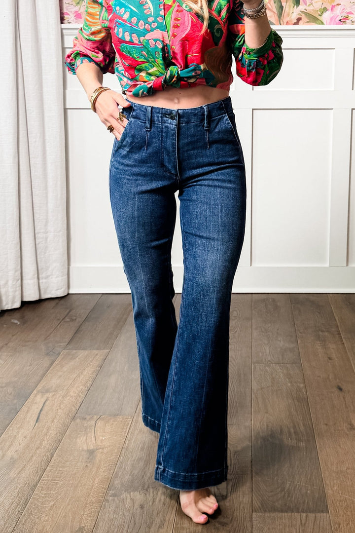 Judy Blue The Sutton Mid Rise Dark Wash Tummy Control Bootcut Trouser Jeans - Freckled Poppy