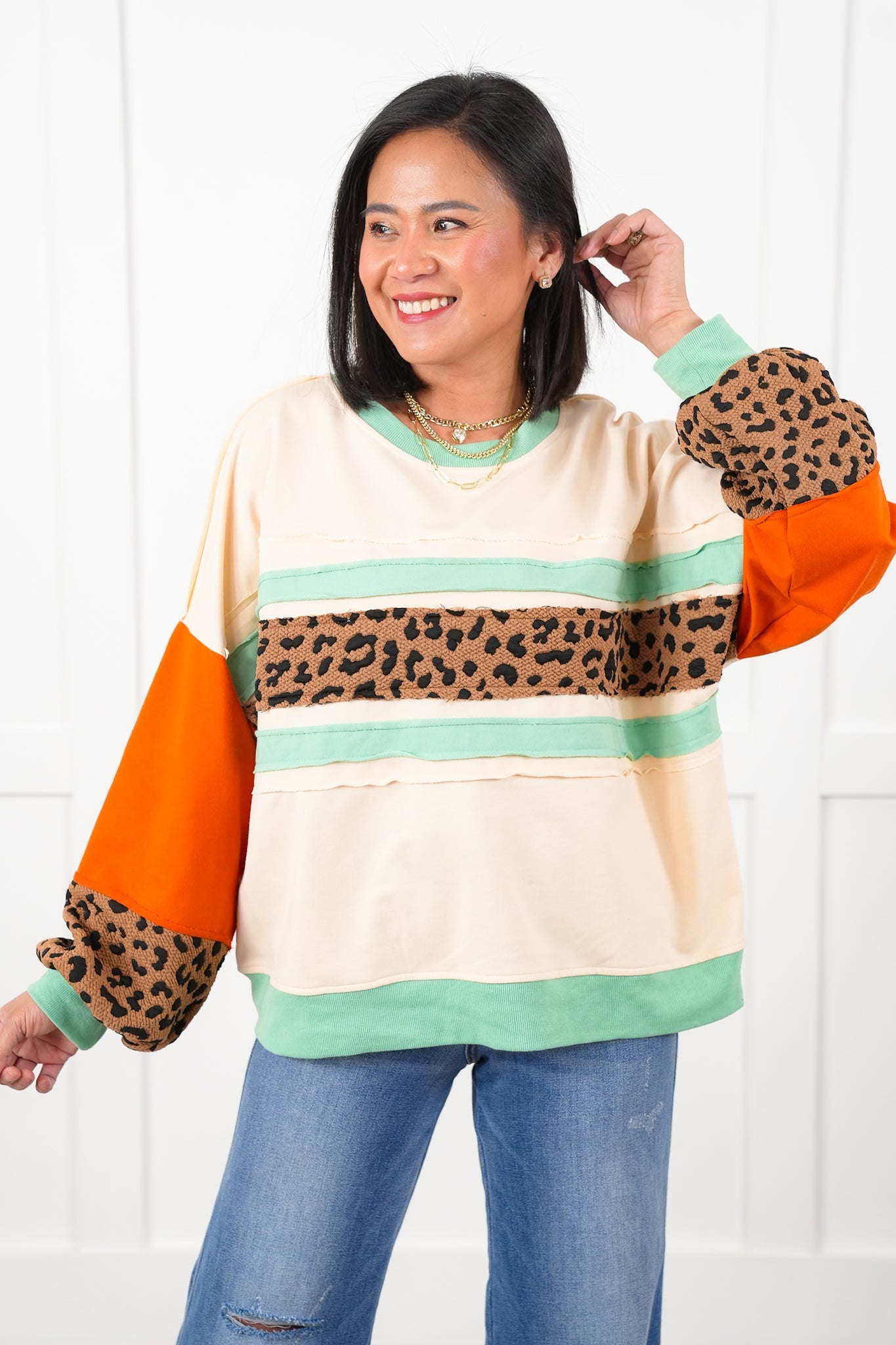 Color Block Long Sleeve Pullover Top with Leopard Detail