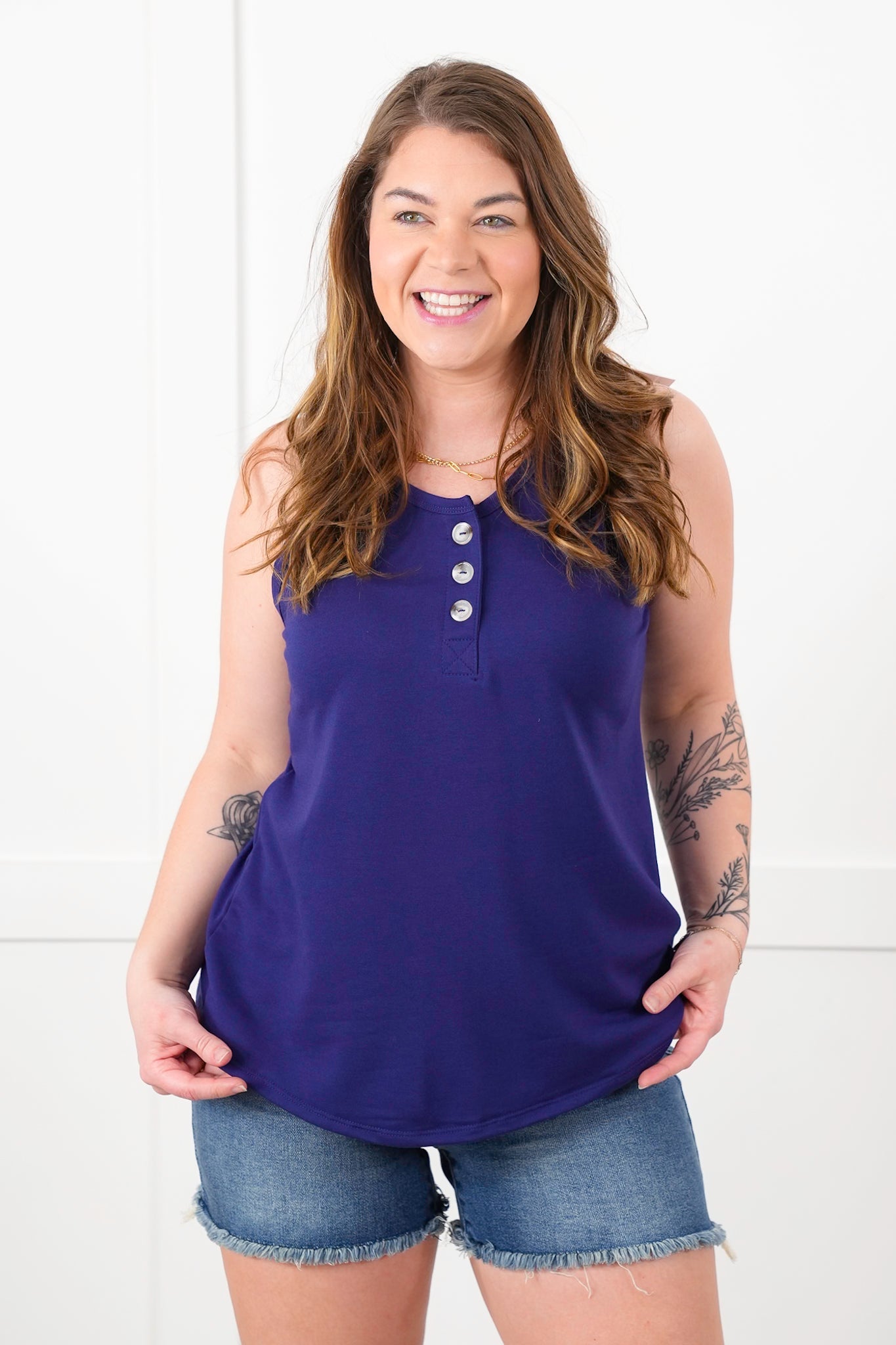 Door Buster! Plus/Reg Solid Button Up Knit Tank Top