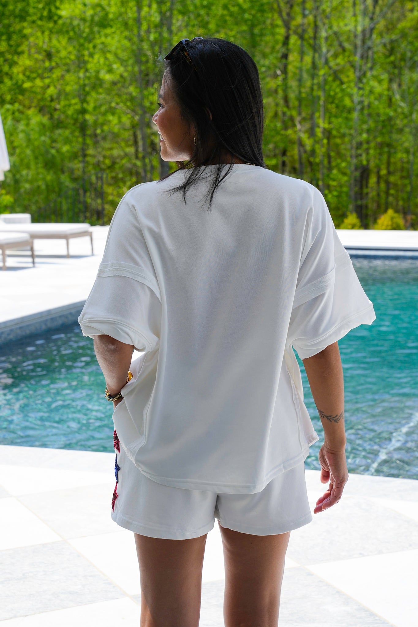 Short Sleeve Top With Sequin "America" Flags Detail