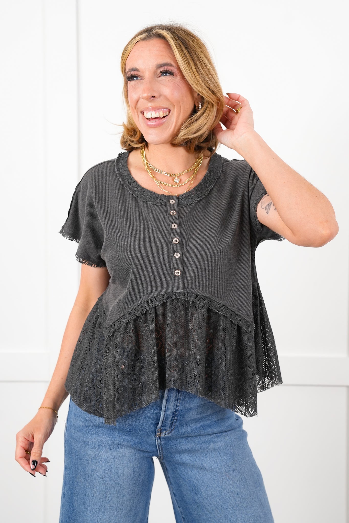 POL Short Sleeve Button Up Knit Top with Crochet Detail