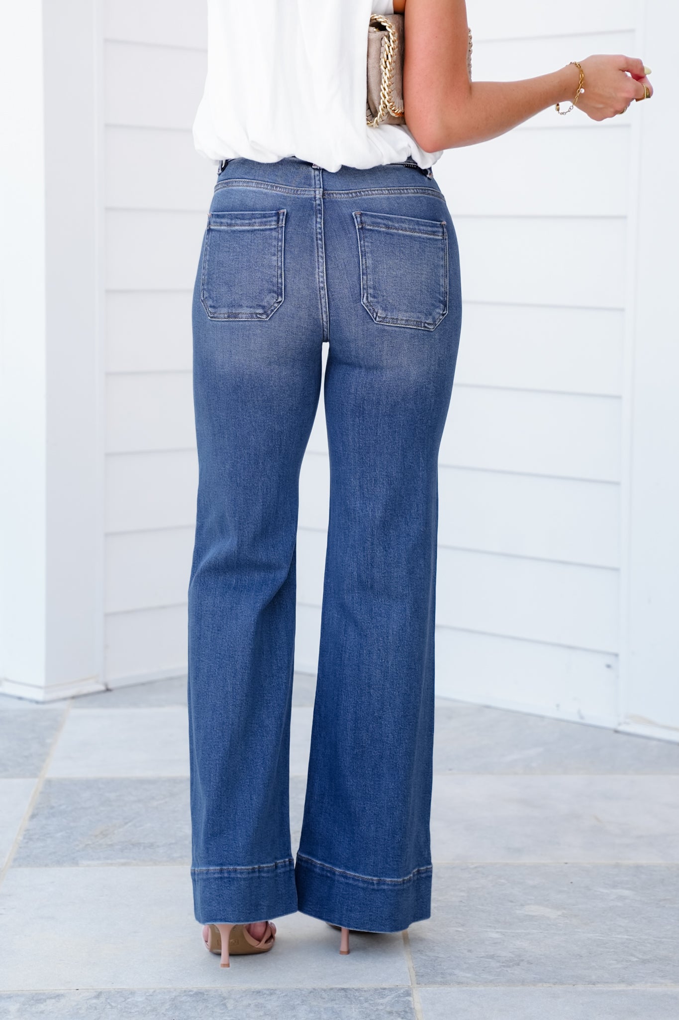 Risen High Rise Dark Wash Wide Leg Flare Jeans with Patch Pockets