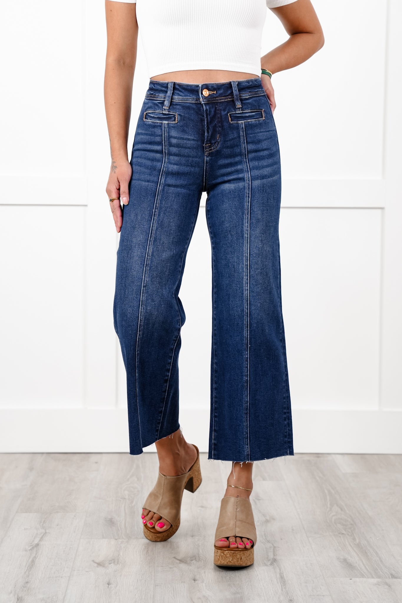 Bayeas High Rise Dark Wash Wide Leg Jeans with Raw Hem