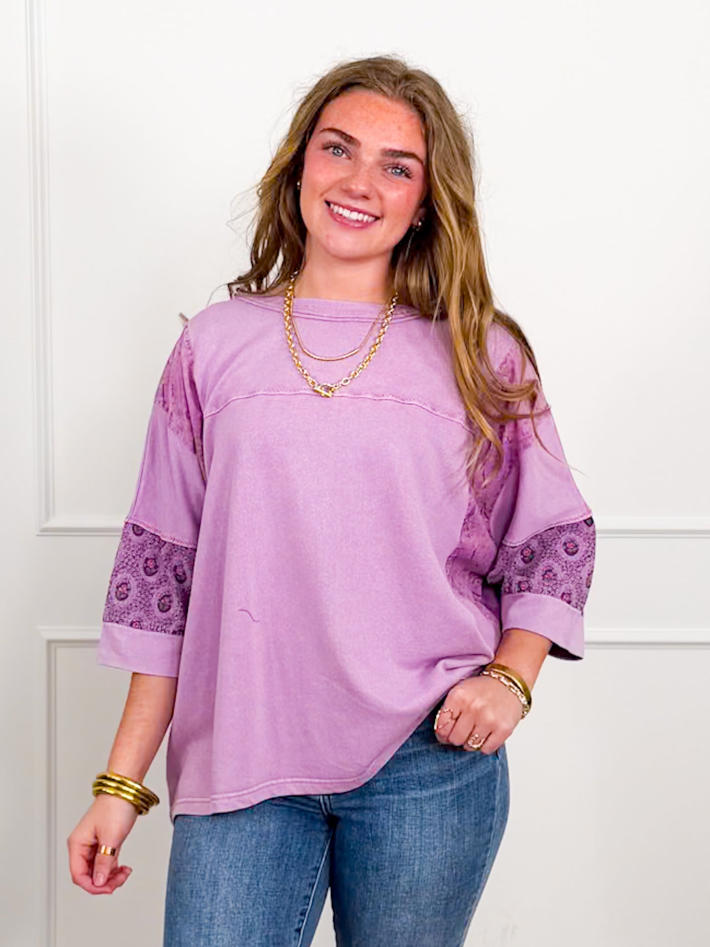Mineral Wash Short Sleeve Top with Floral Print