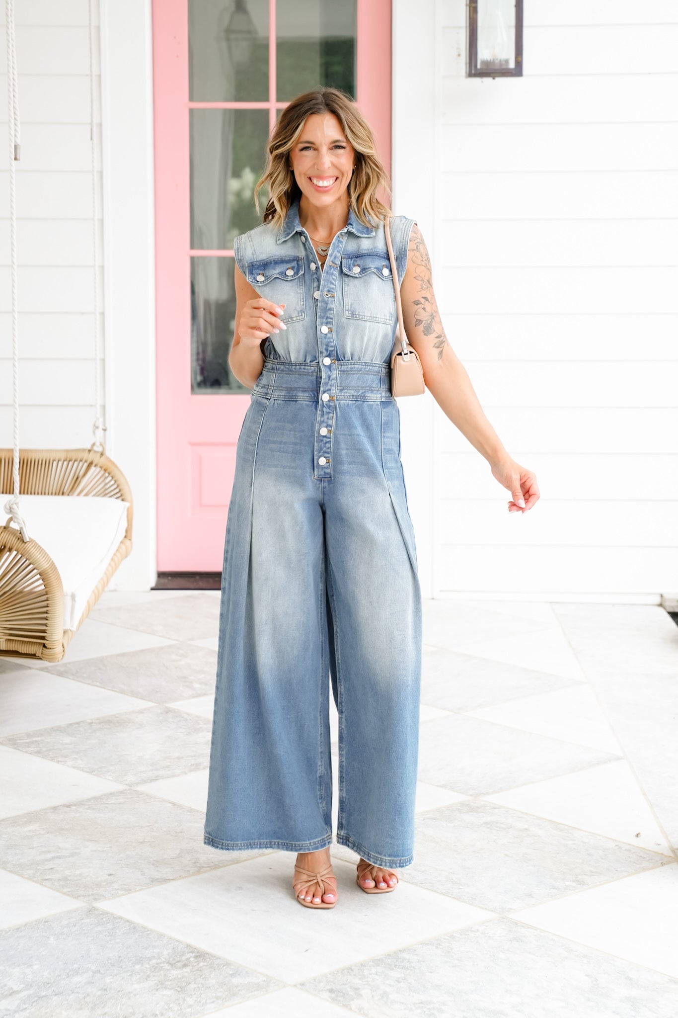 Sleeveless Button Up Wide Leg Jumpsuit