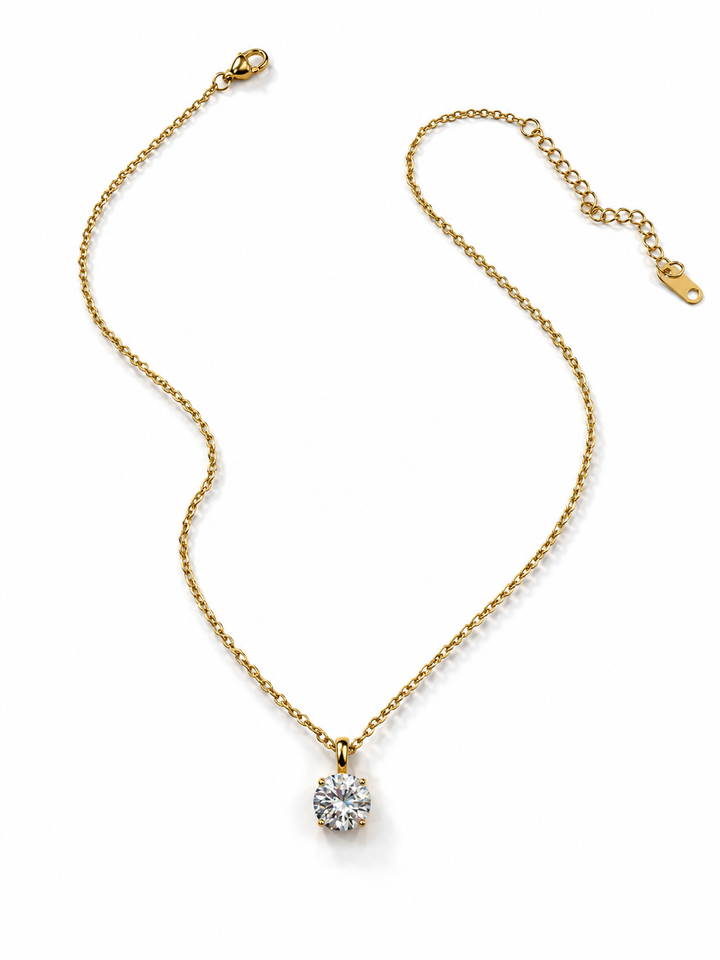 Golden Solitaire Crystal Pendant Necklace