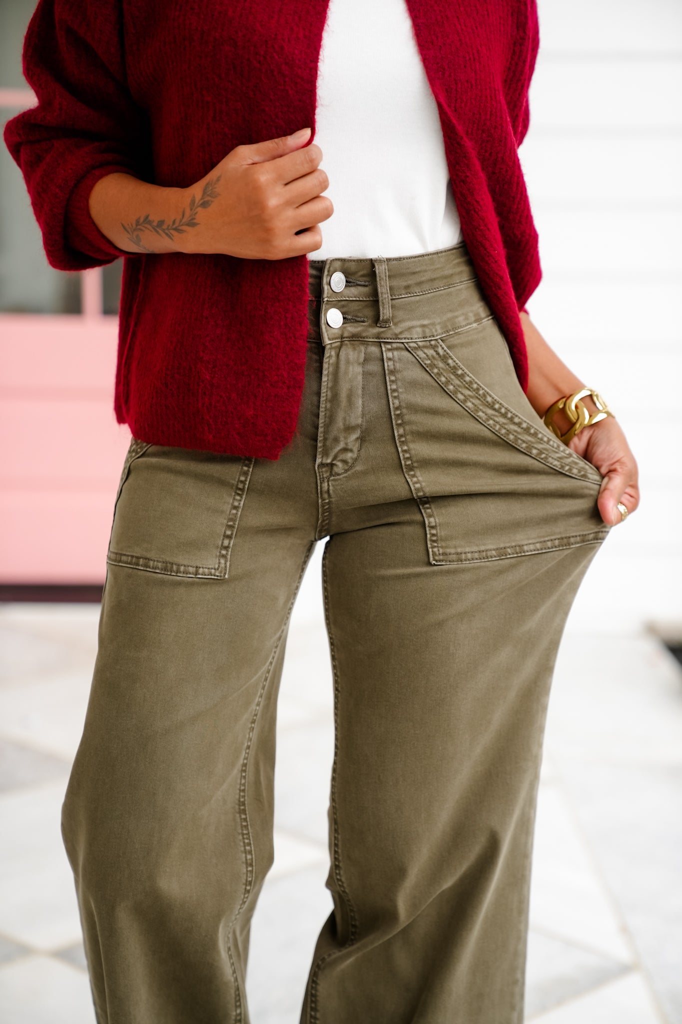 Mica High Rise Green Double Waistband Wide Leg Jeans