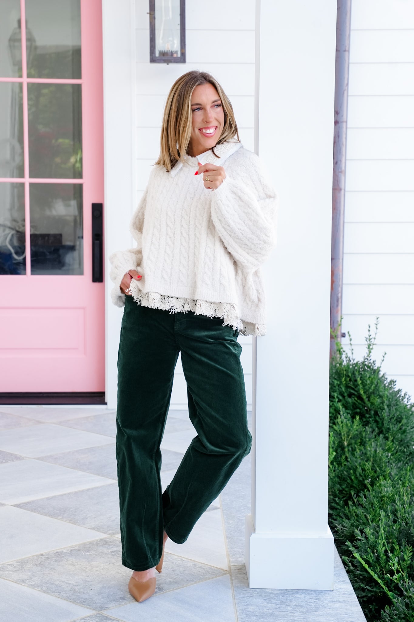 Risen High Rise Green Cuffed Corduroy Barrel Pants