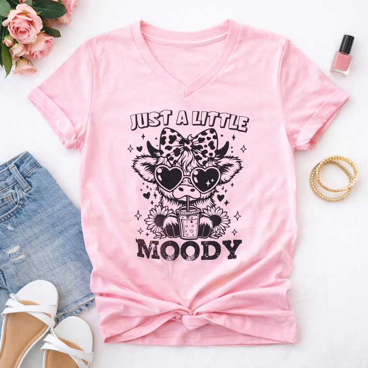 Plus/Reg Short Sleeve V Neck "Just A Little Moody" Graphic Tee