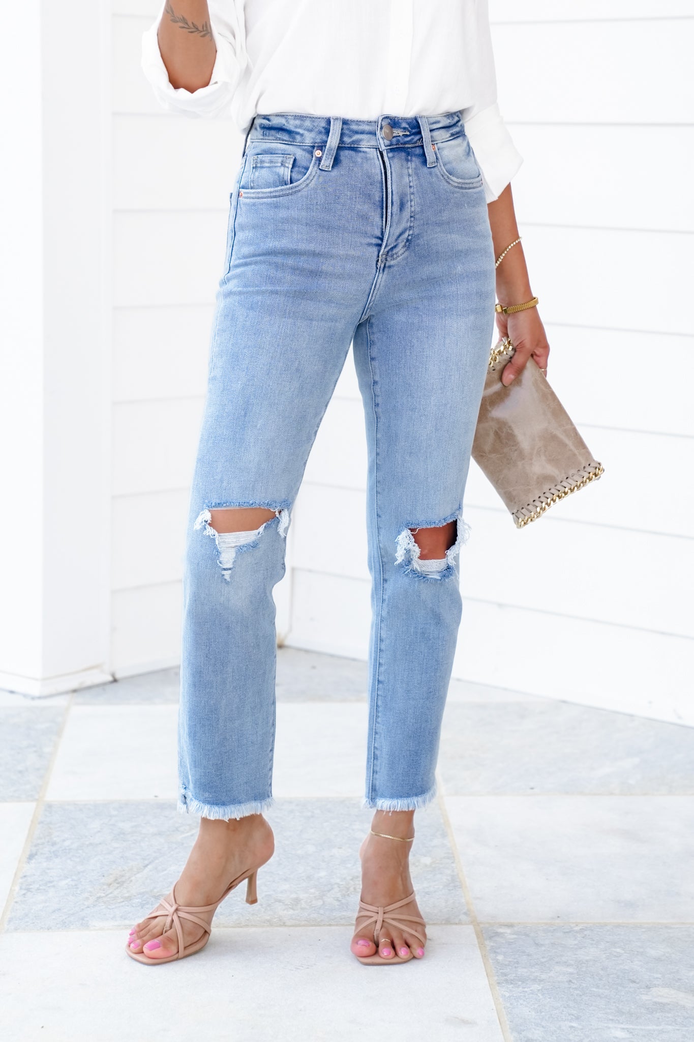 RFM High Rise Light Wash Step Fray Hem Slim Straight Leg Jeans