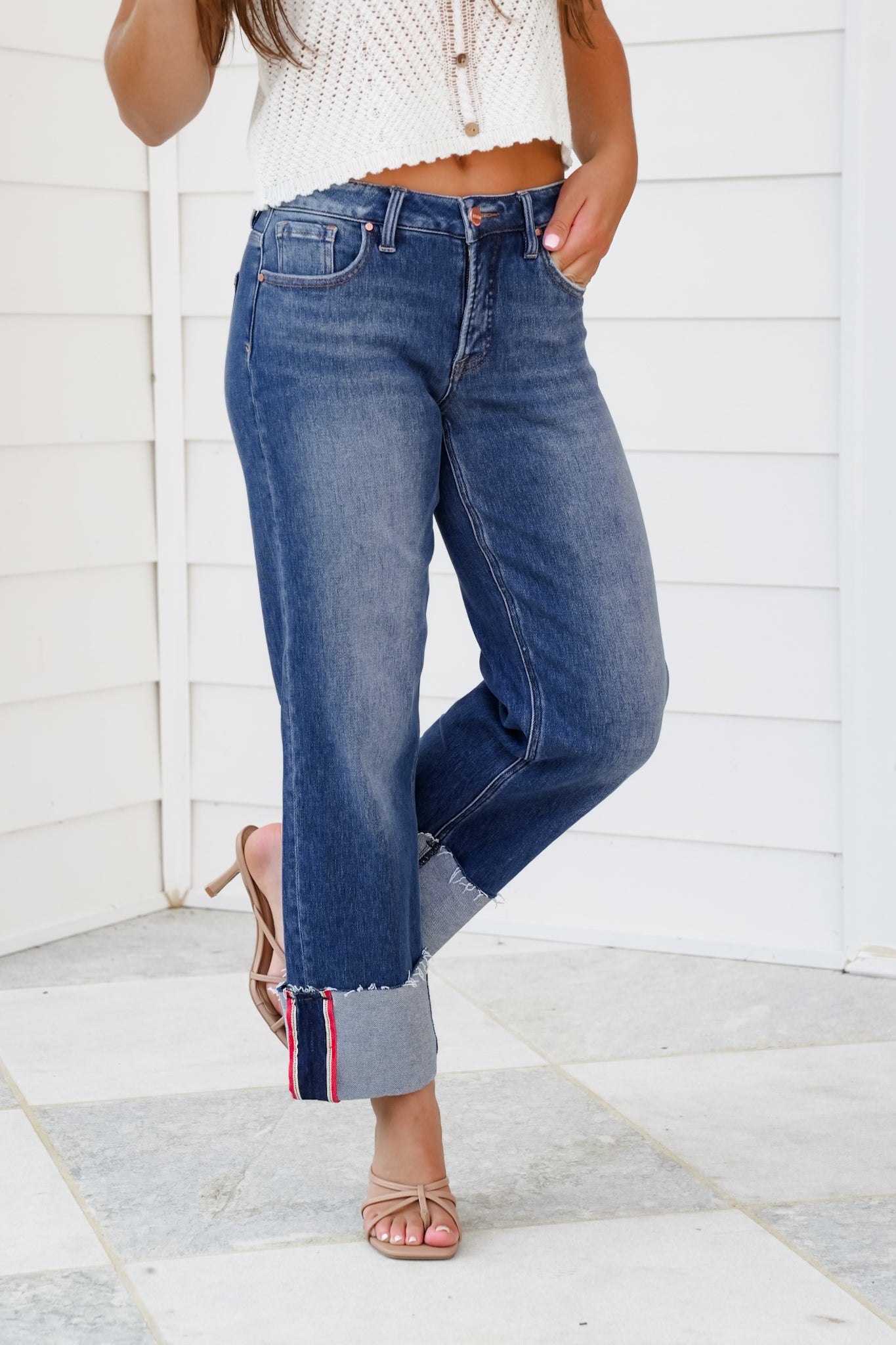 Risen Mid Rise Dark Wash Tummy Control Cropped Wide Leg Cuffed Jeans