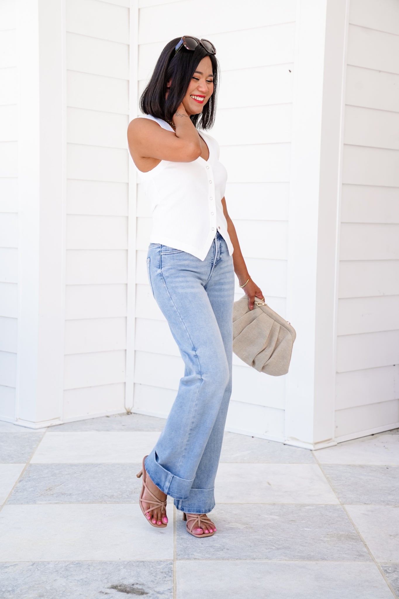 Risen High Rise Light Wash Tummy Control Cuffed Wide Leg Jeans