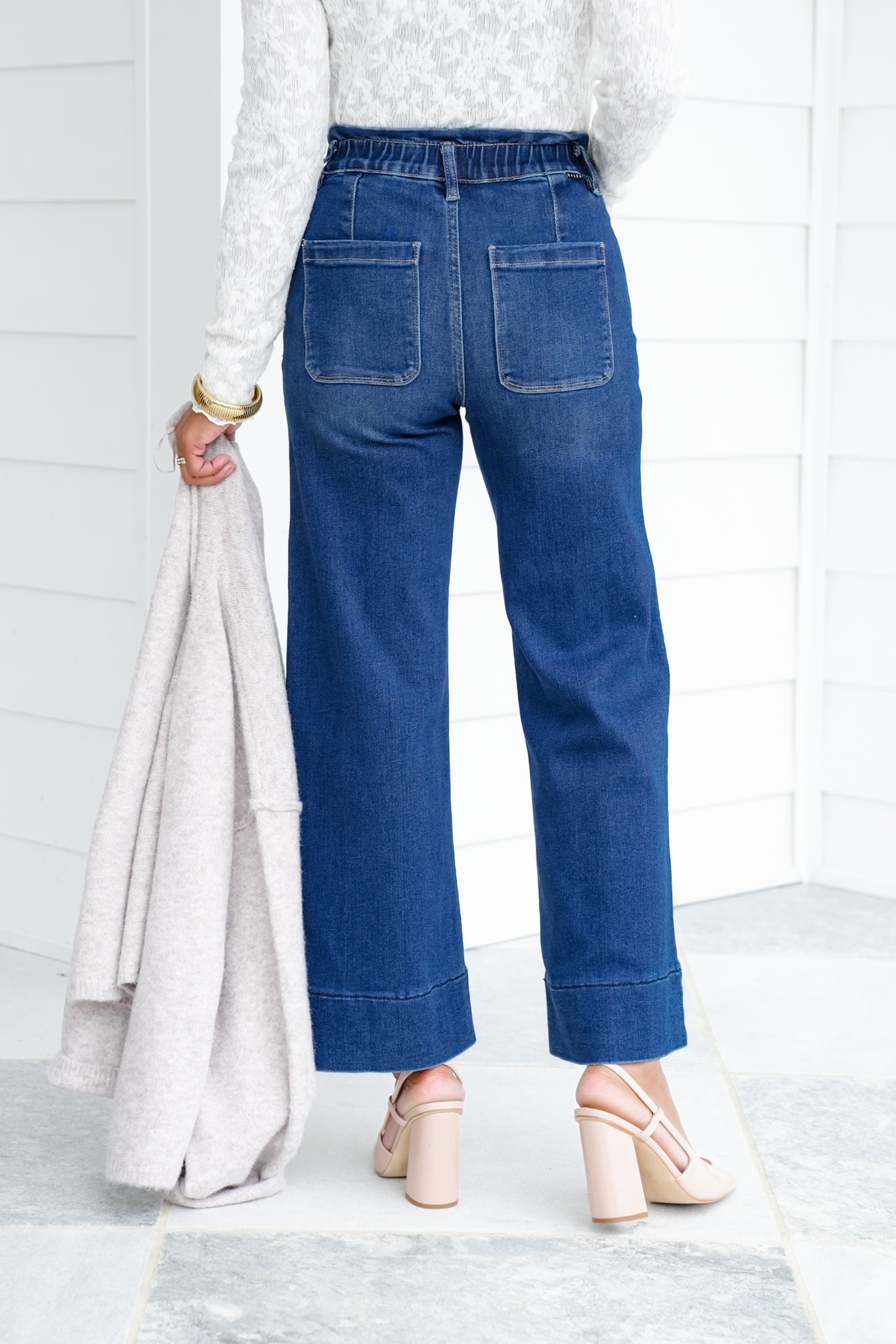 Risen High Rise Dark Wash Elastic Waistband Crop Wide Leg Jeans with Ruffle Band