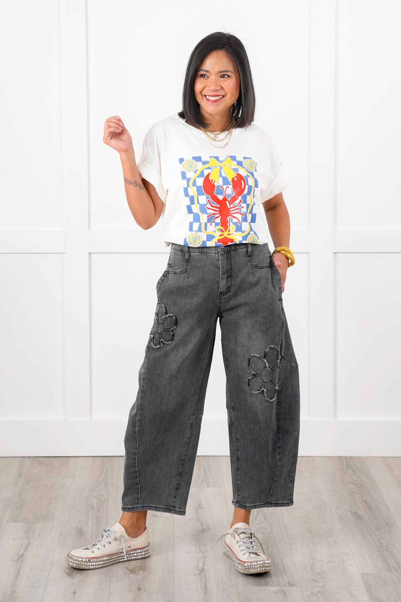 Washed Denim Barrell Jeans with Flower Patch Detail