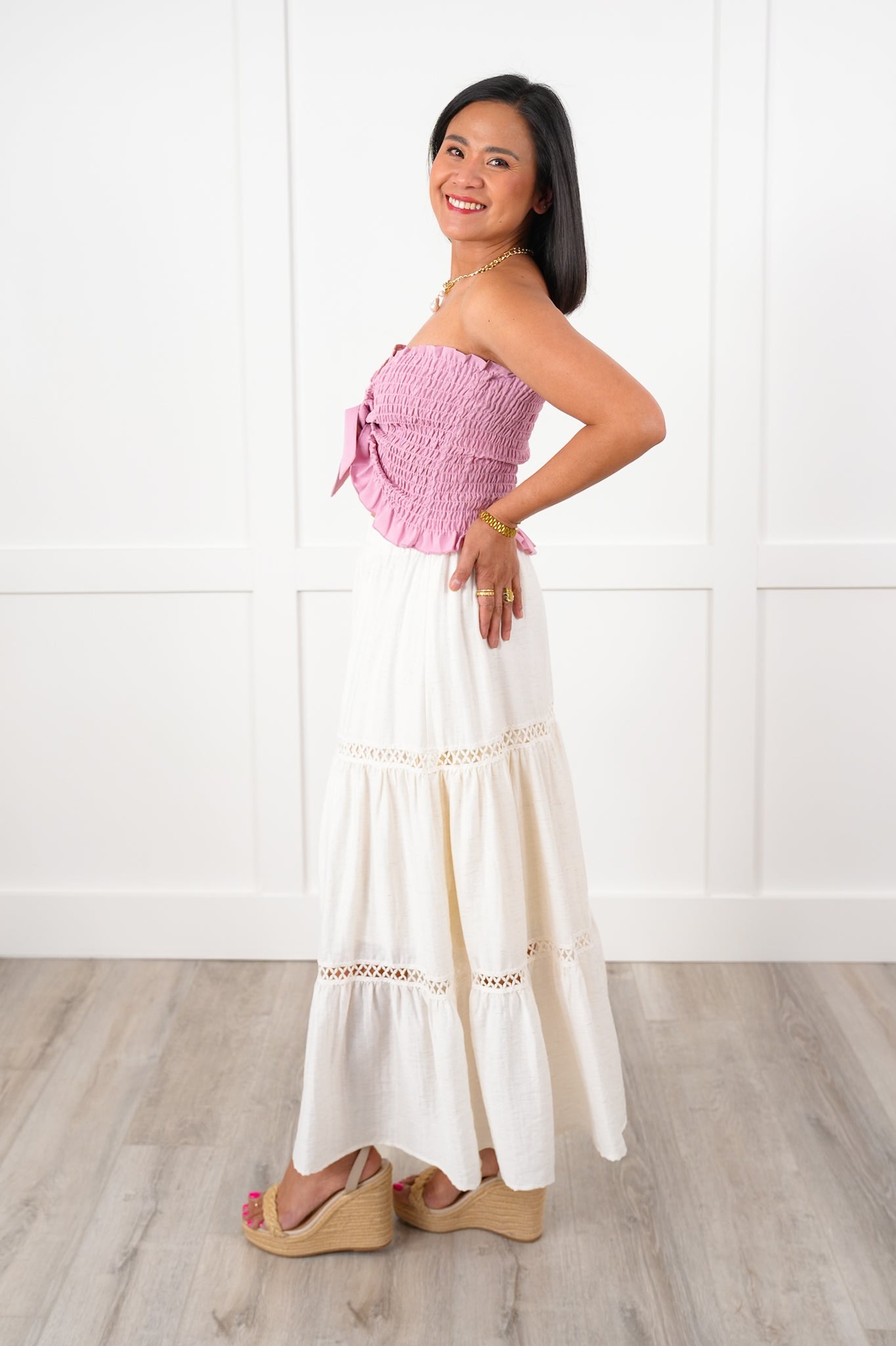 Linen Blend Elastic Waist Midi Skirt with Crochet Detail