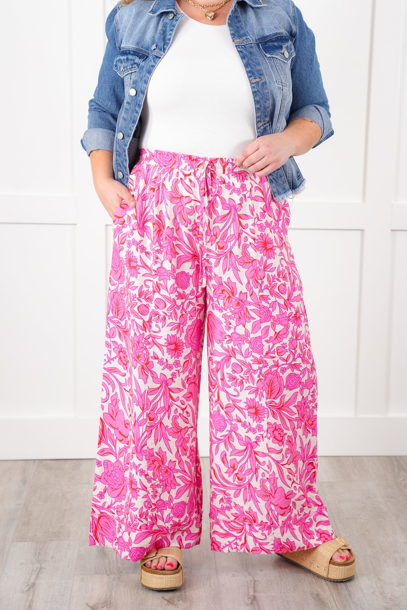 Floral Print Elastic Waist Wide Leg Pants with Side Pockets