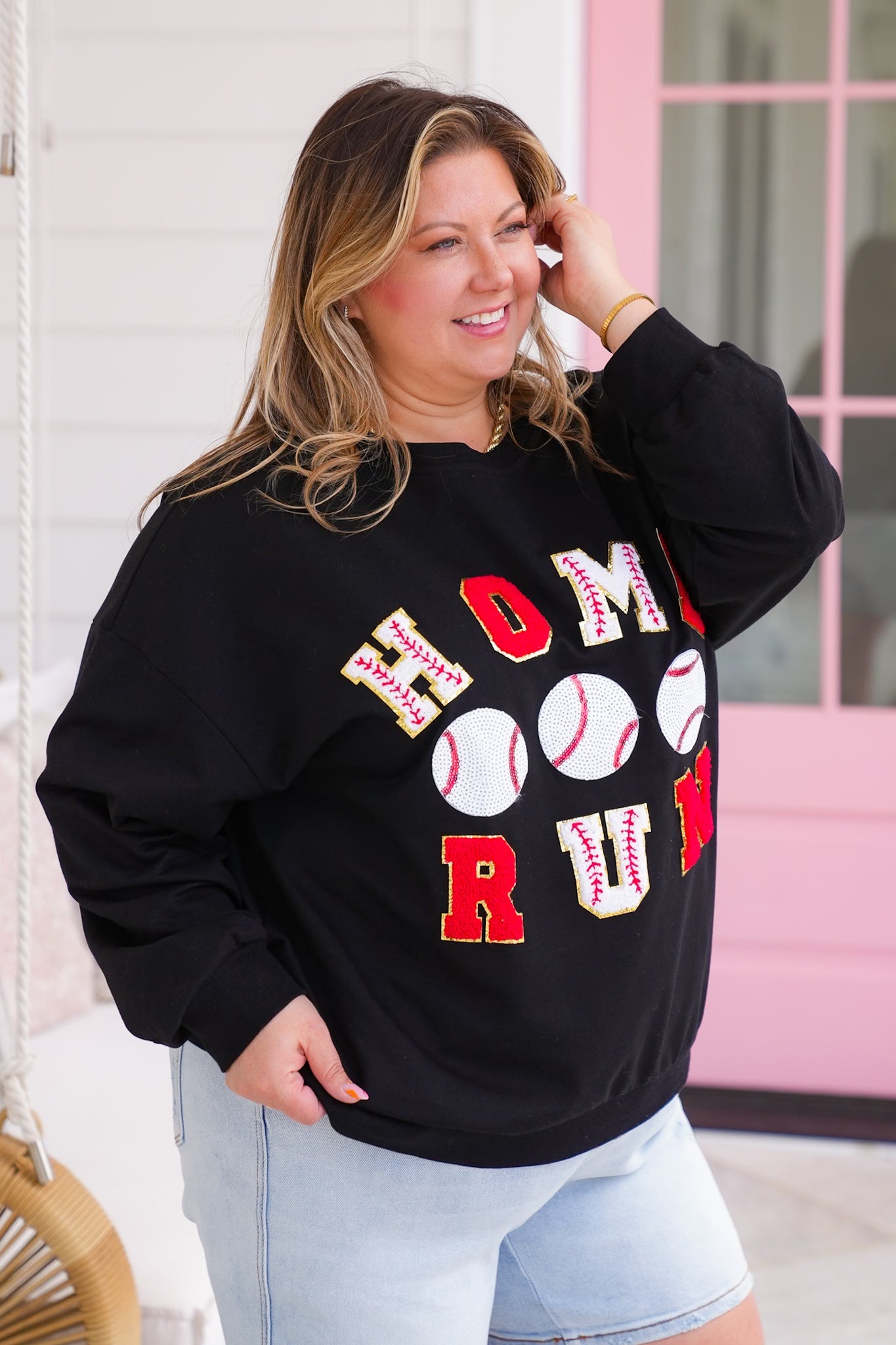 Long Sleeve " Home Run" Baseball Patches Pullover Sweatshirt with Sequin Detail