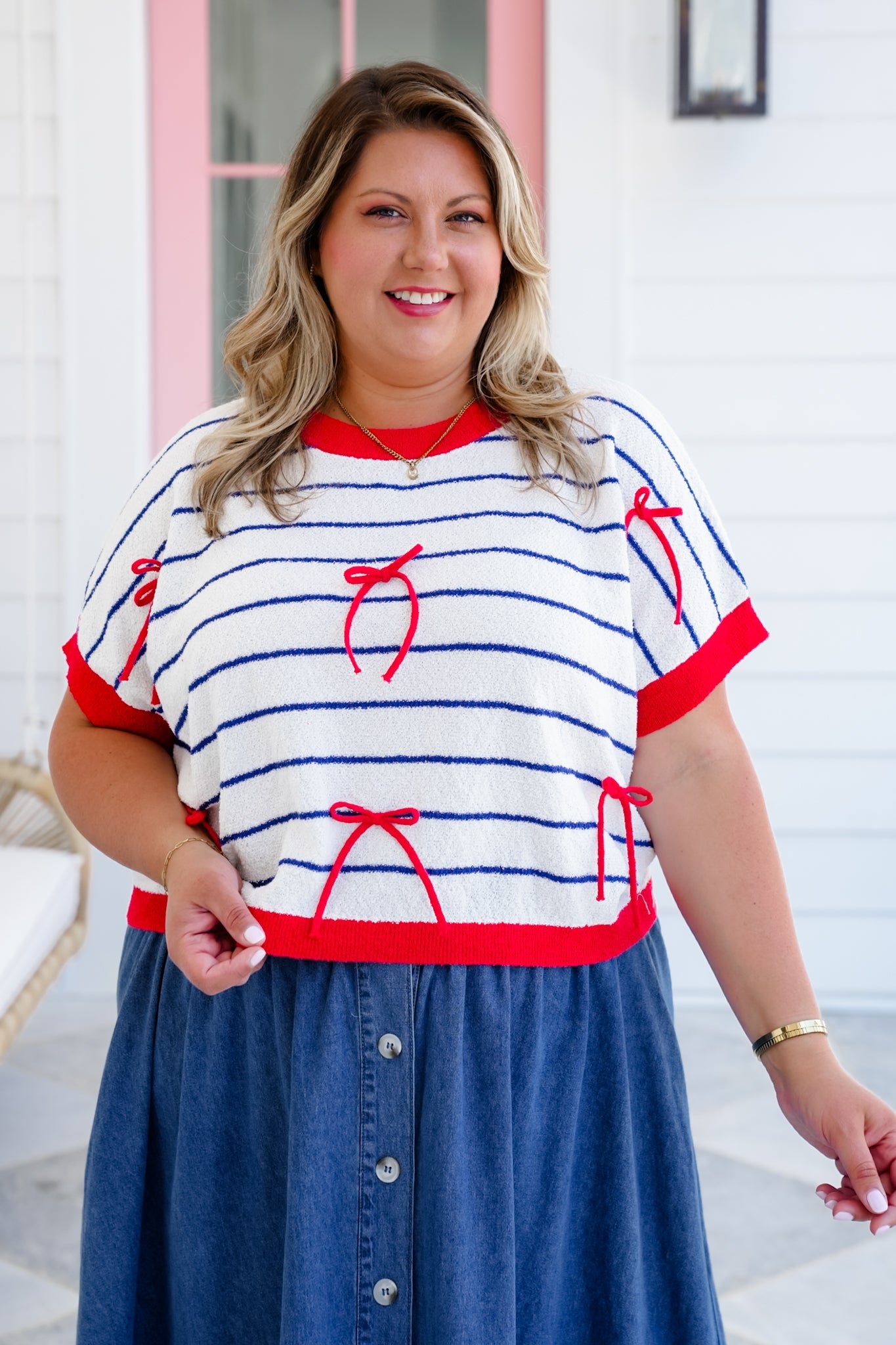 Stripe Short Sleeve Sweater with Bow Detail