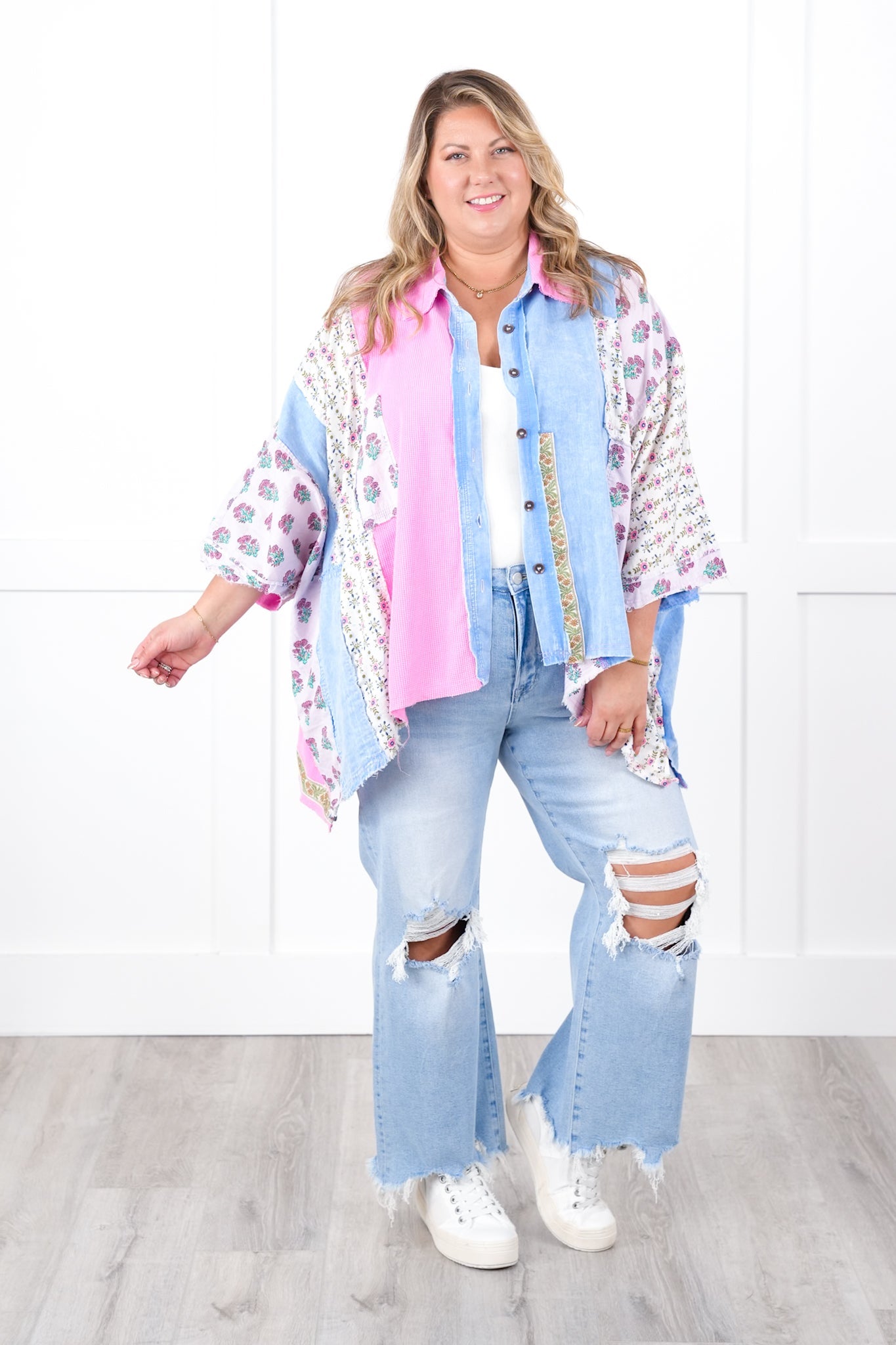 Oversized Multi Print Color Block Button Down Top