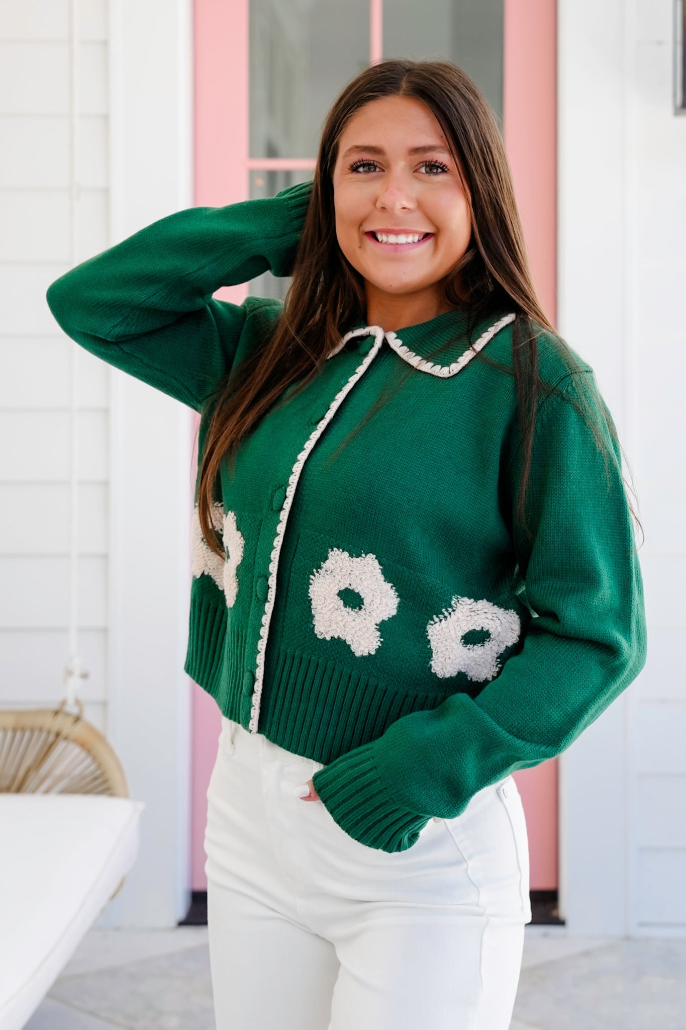 Knit Long Sleeve Button Down Cardigan with Floral Detail