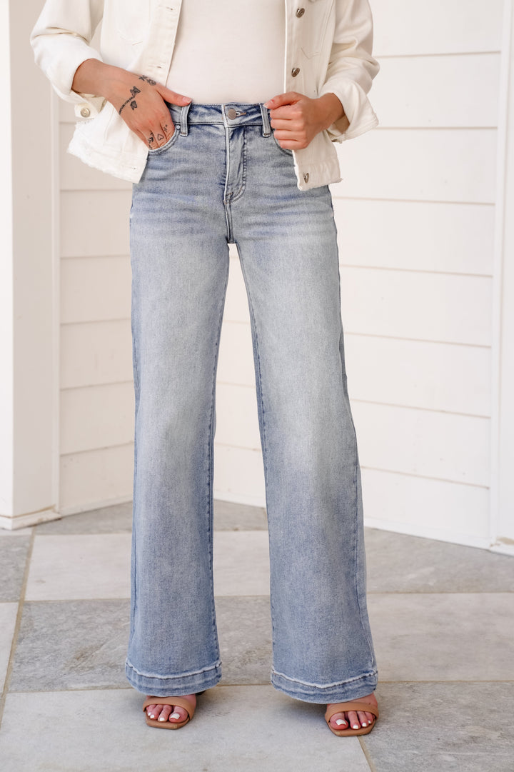 Risen High Rise Light Wash Tummy Control Wide Leg Jeans with Adjustable Waistband