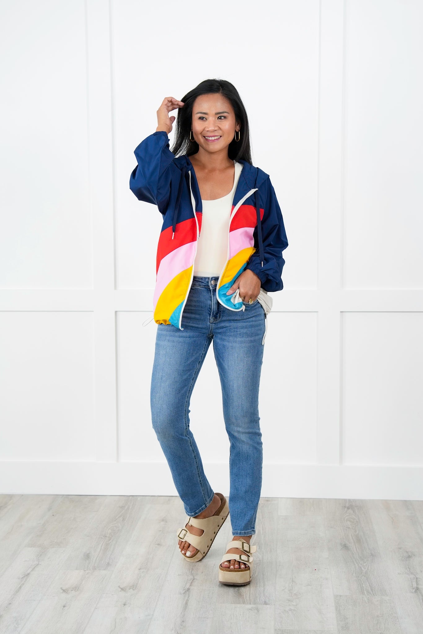 Color Block Long Sleeve Zip Up Hooded Windbreaker Jacket