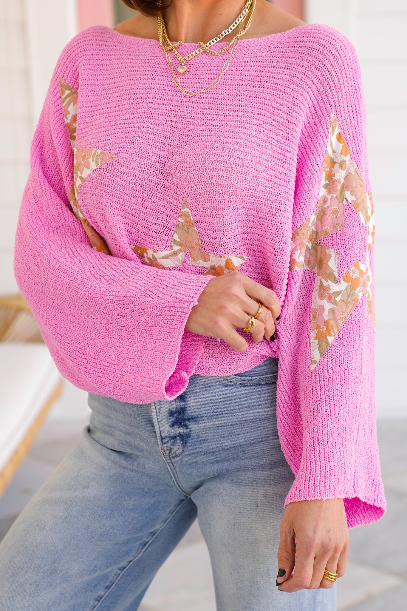 POL Long Dolman Sleeve Cropped Sweater with Floral Star Patch Detail
