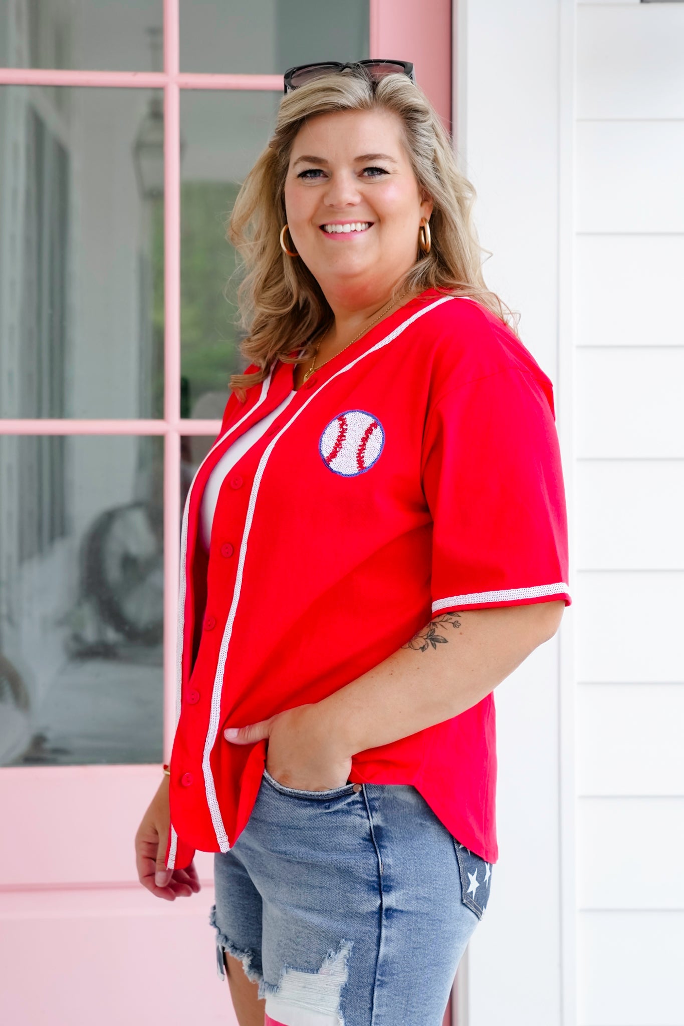 Red Short Sleeve Button Down Baseball Top with Sequin Detail