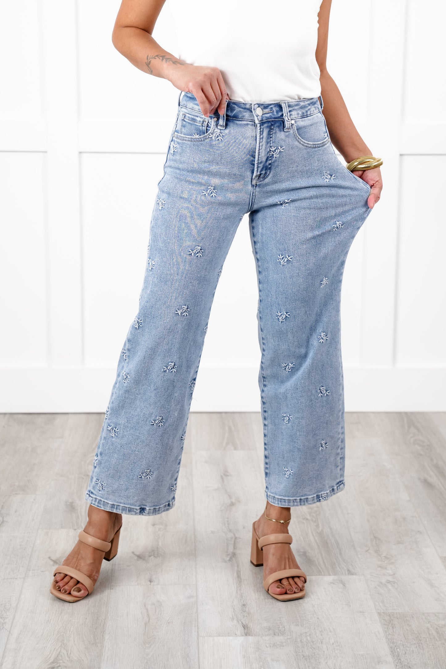 Risen High Rise Light Wash Tummy Control Embroidered Cropped Wide Leg Jeans