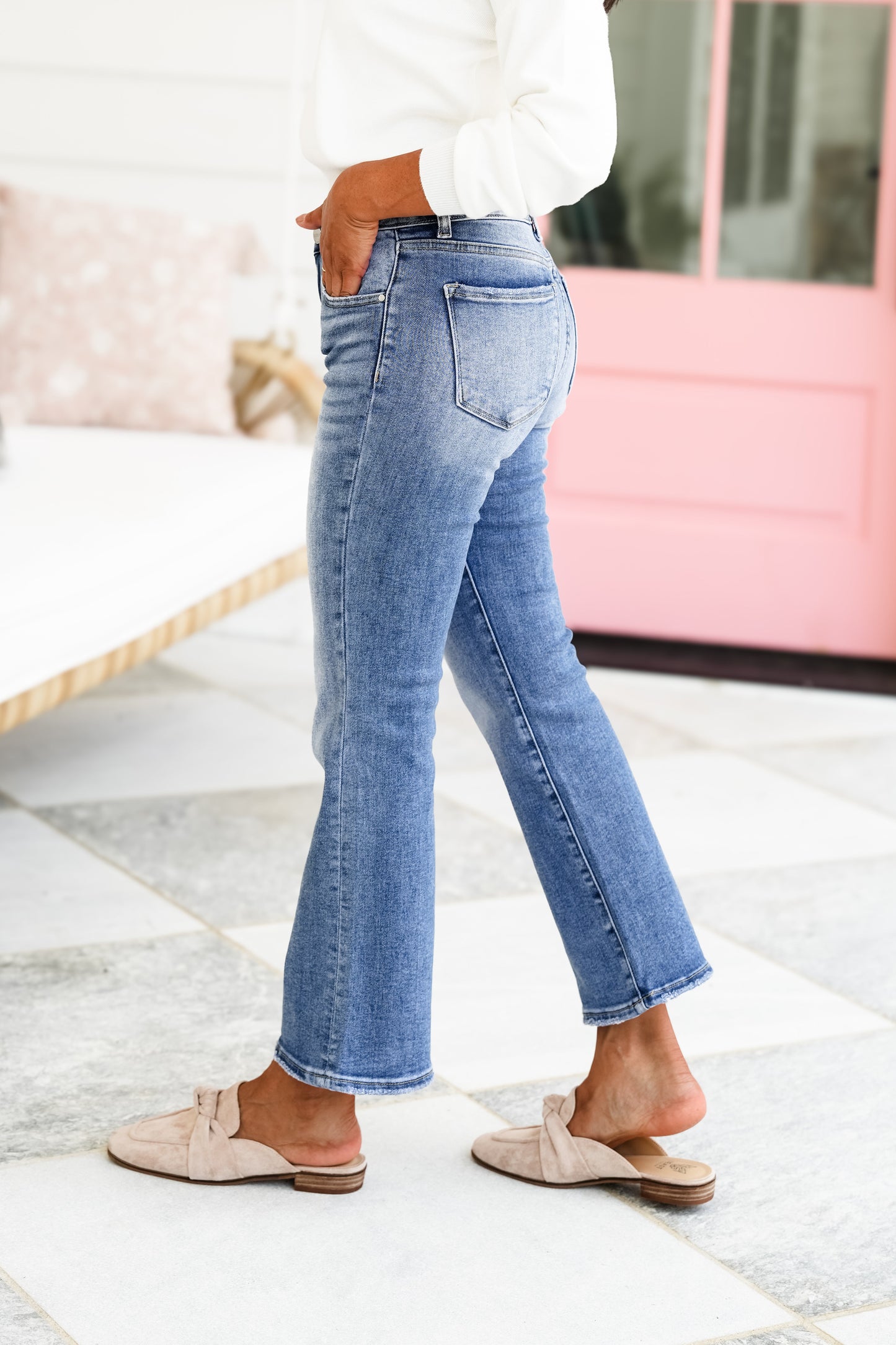 Risen Girl Next Door Mid Rise Medium Wash Cropped Flare Jeans
