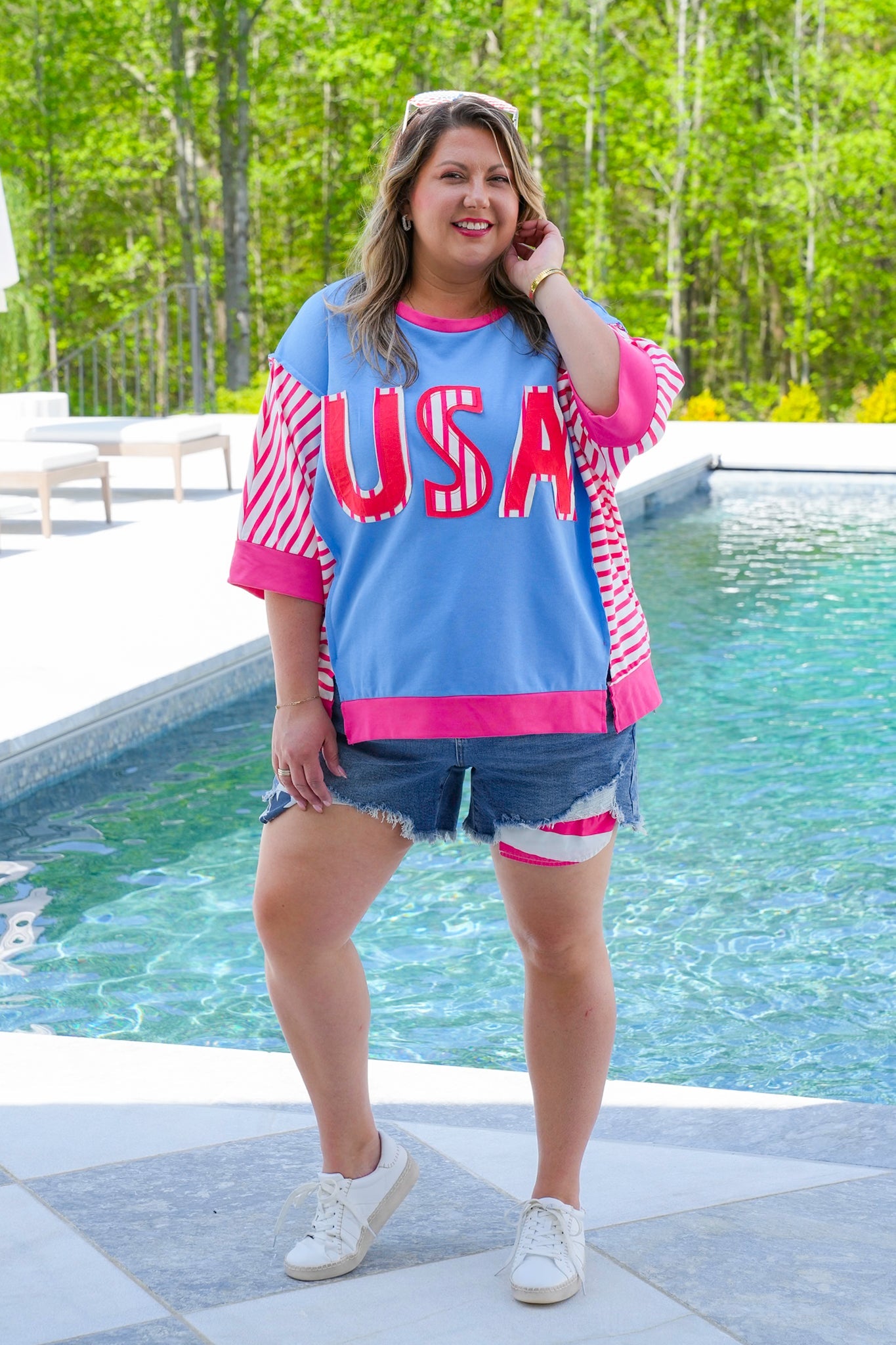 Restock! USA Lettering Patchwork Short Sleeve Pullover Top