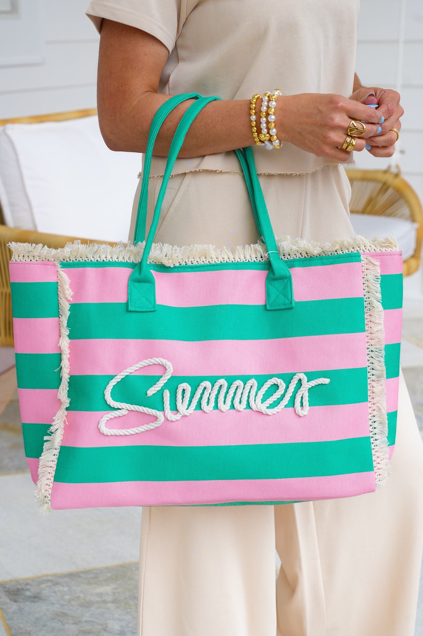 Striped Canvas "Summer" Tote Bag with Fringe & Button Closure
