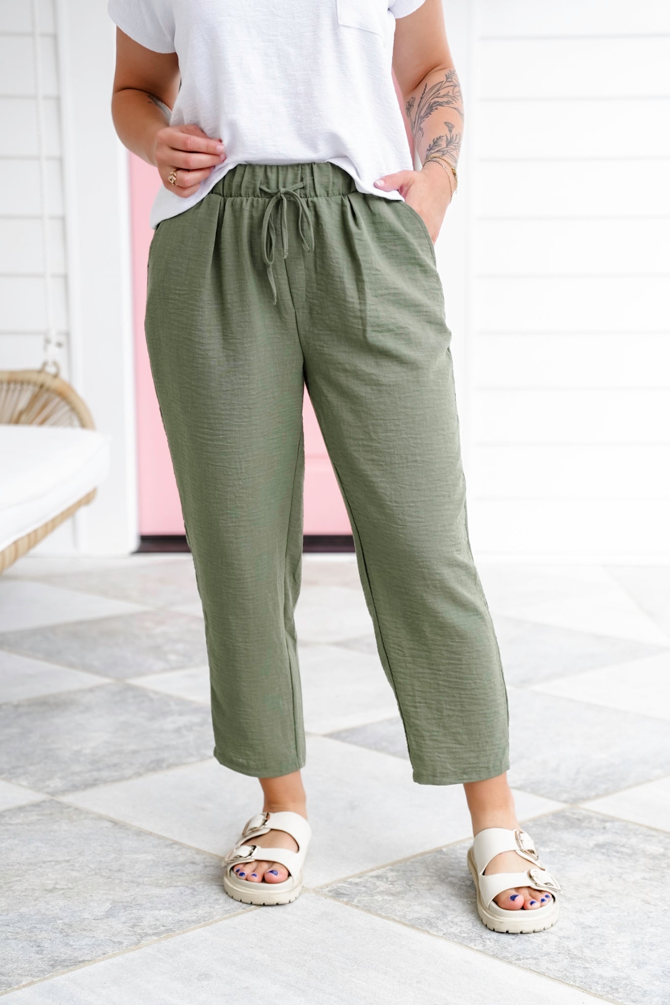 Door Buster! Zenana Woven Crepe Drawstring Elasticband Waist Pants