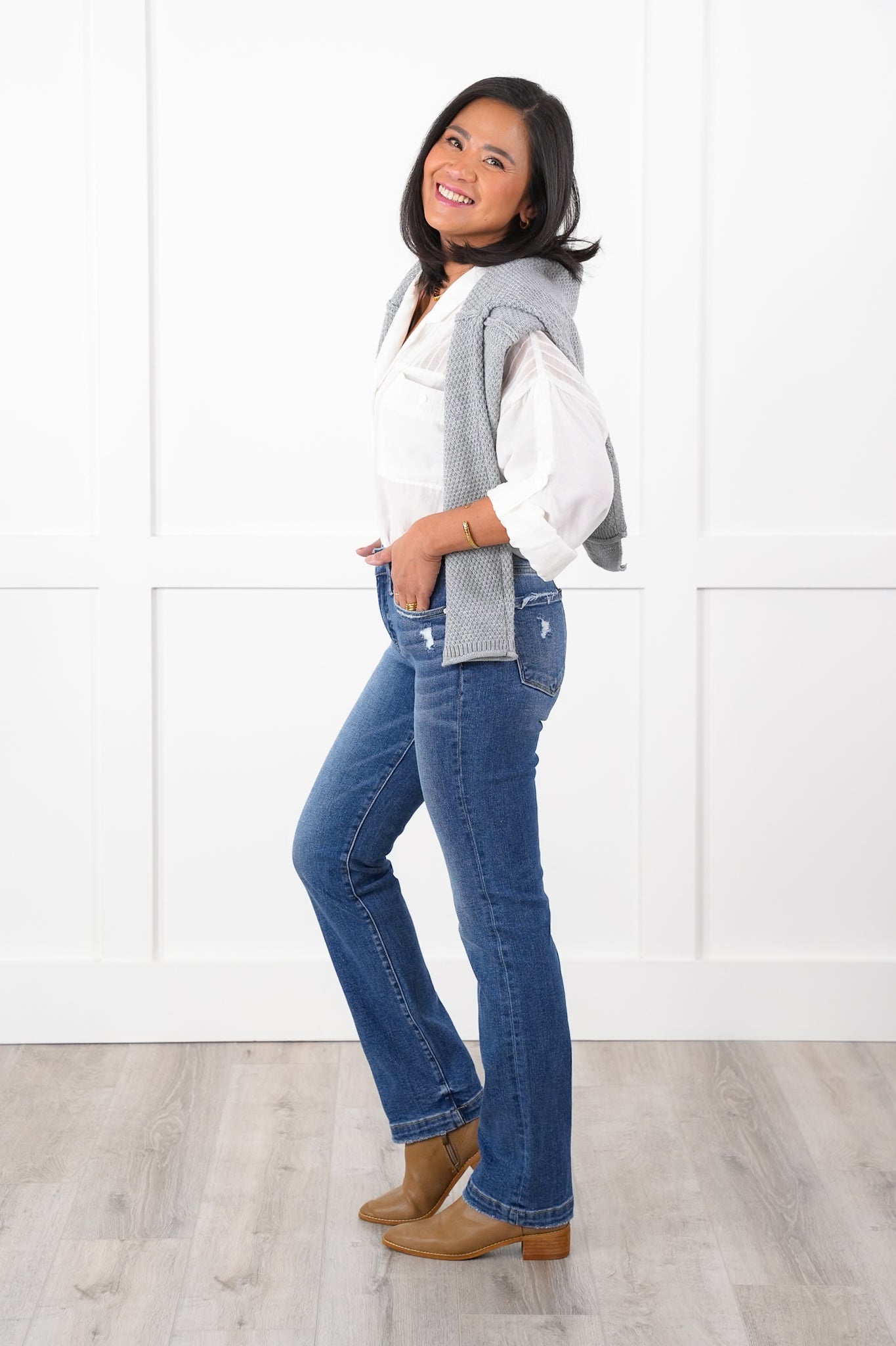 Risen Mid Rise Medium Wash Tummy Control Elastic Waistband Straight Leg Jeans