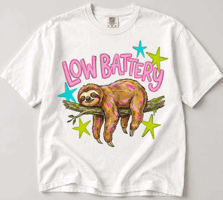 Plus/Reg Short Sleeve "Low Battery" Sloth Graphic Tee - Freckled Poppy