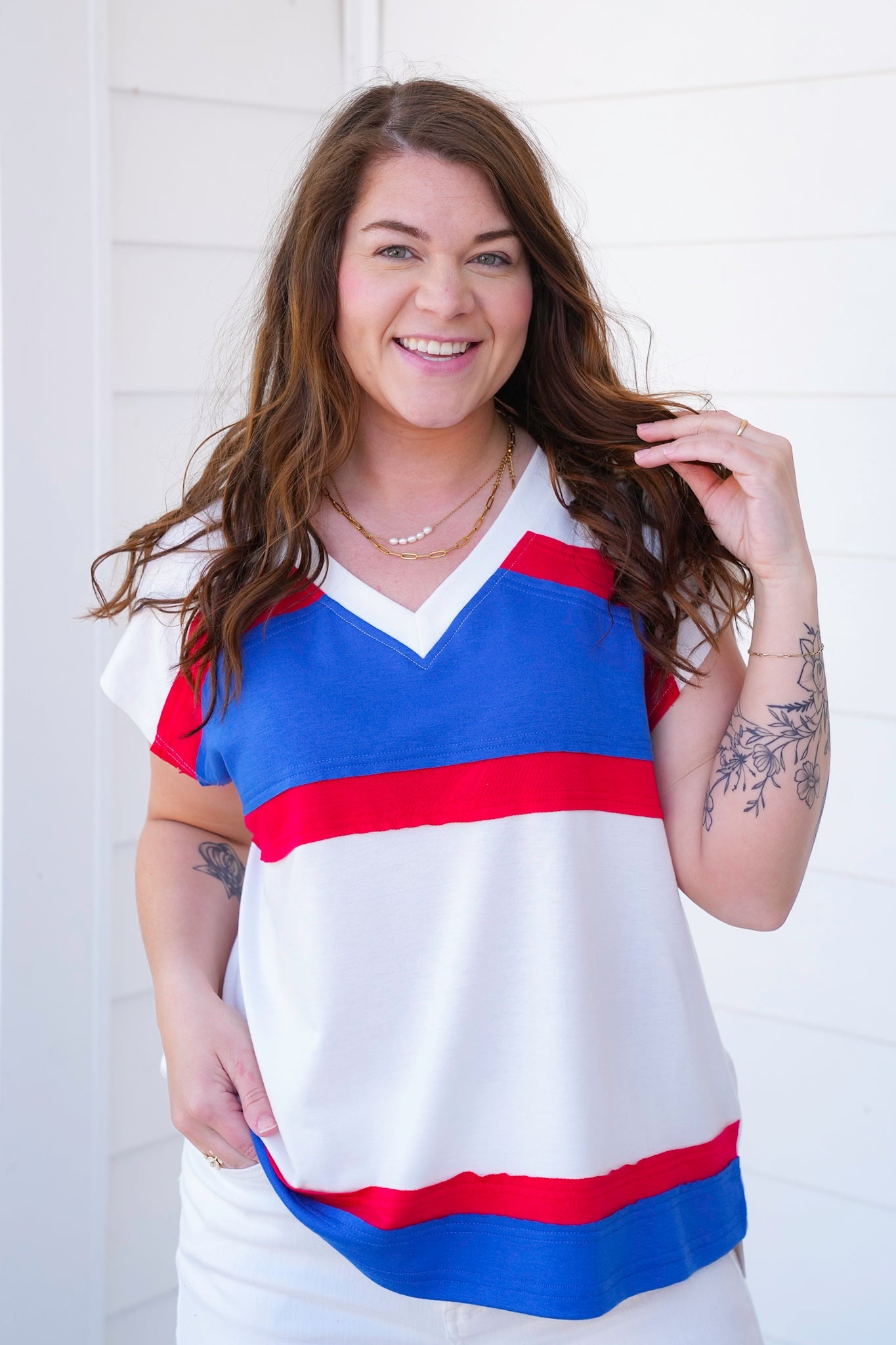 Color Block Short Sleeve V Neck French Terry Top