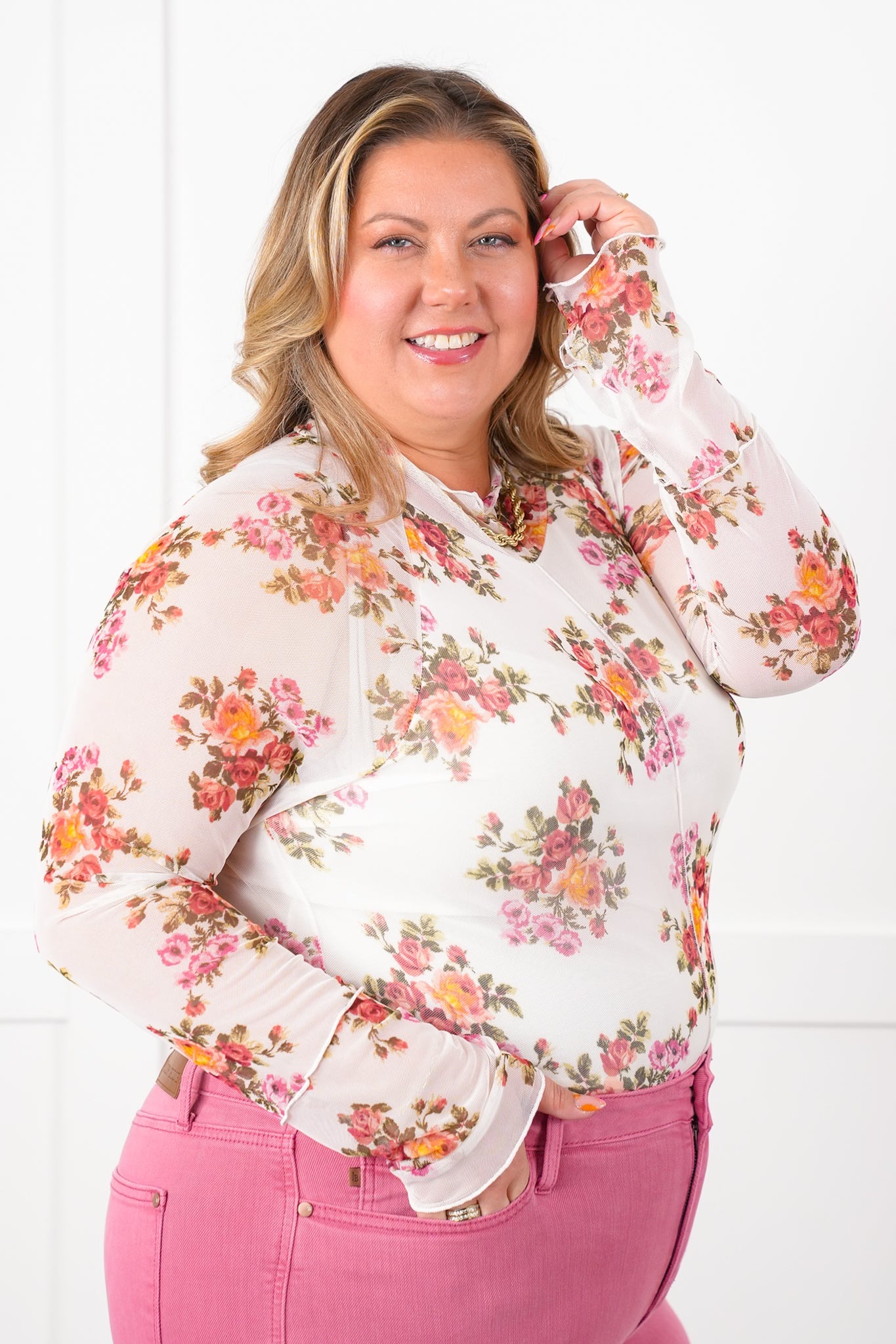 Plus/Reg Floral Long Sleeve Mock Neck Mesh Top
