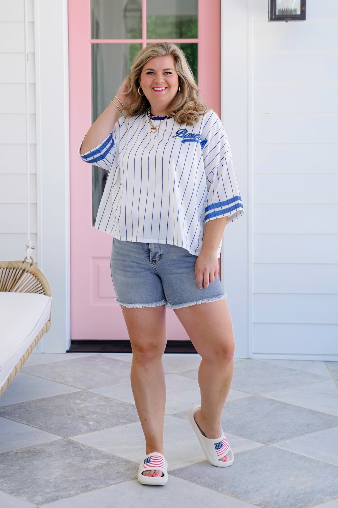 Stripe Short Sleeve Baseball Top with Sequin Detail