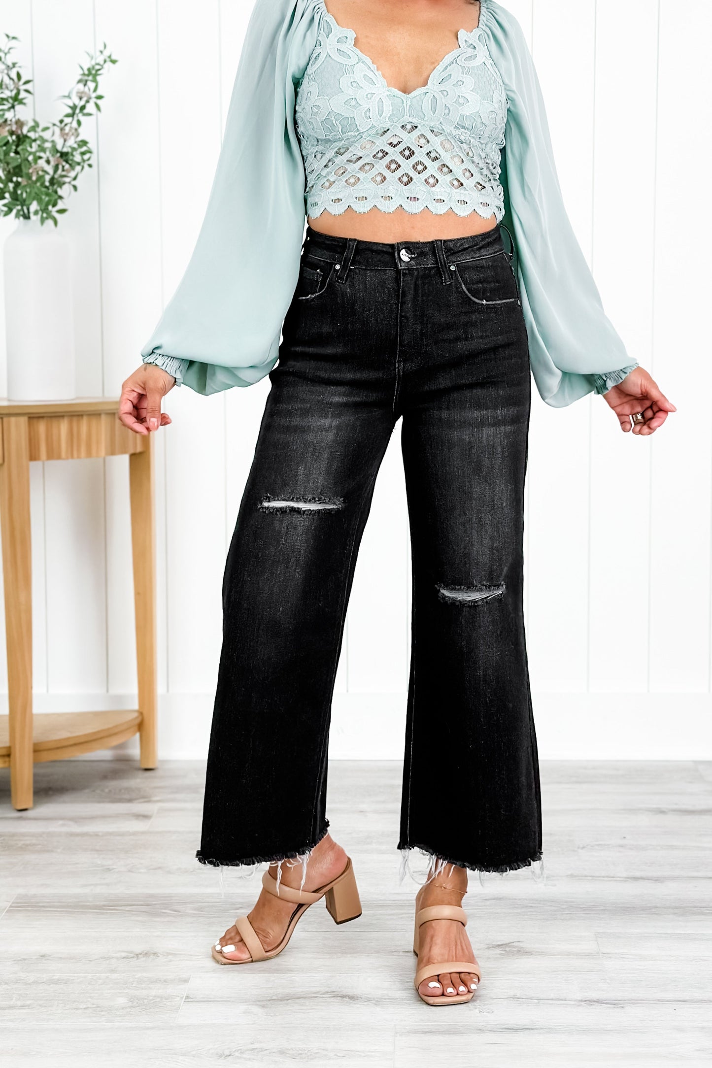 Risen High Rise Black Frayed Ankle Wide Leg Jeans