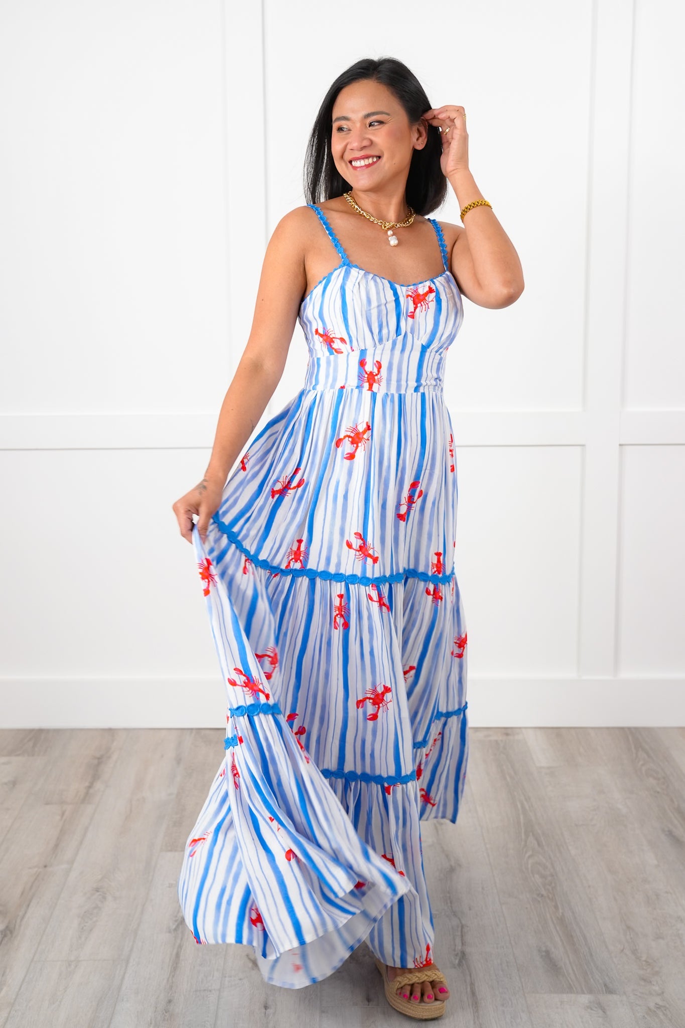 Stripe Lobster Print Sleeveless Tiered Maxi Dress