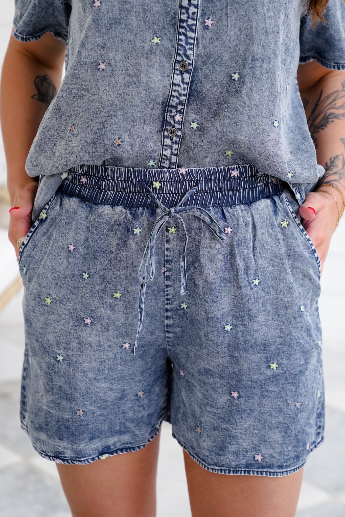 Plus/Reg Floral Embroidered Short Sleeve Button Down Shirt and Short Set