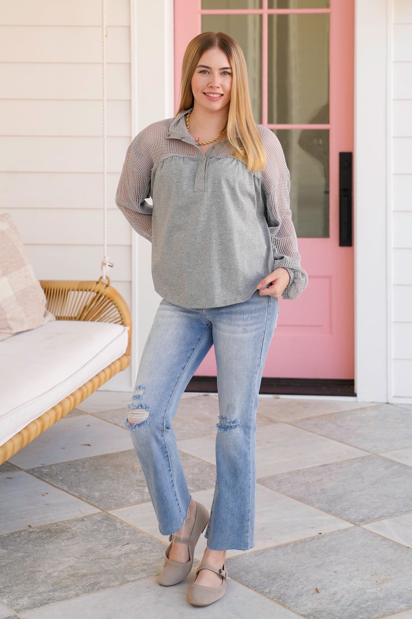 Long Sleeve Henley Top with Mesh Detail