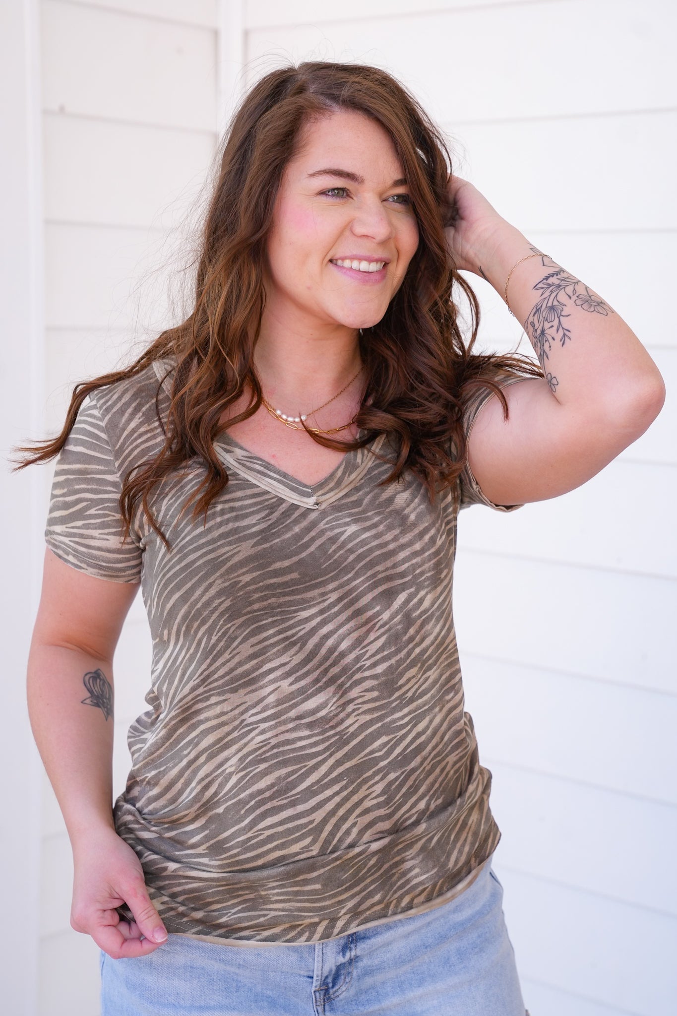 POL Zebra Print Short Sleeve V Neck Top