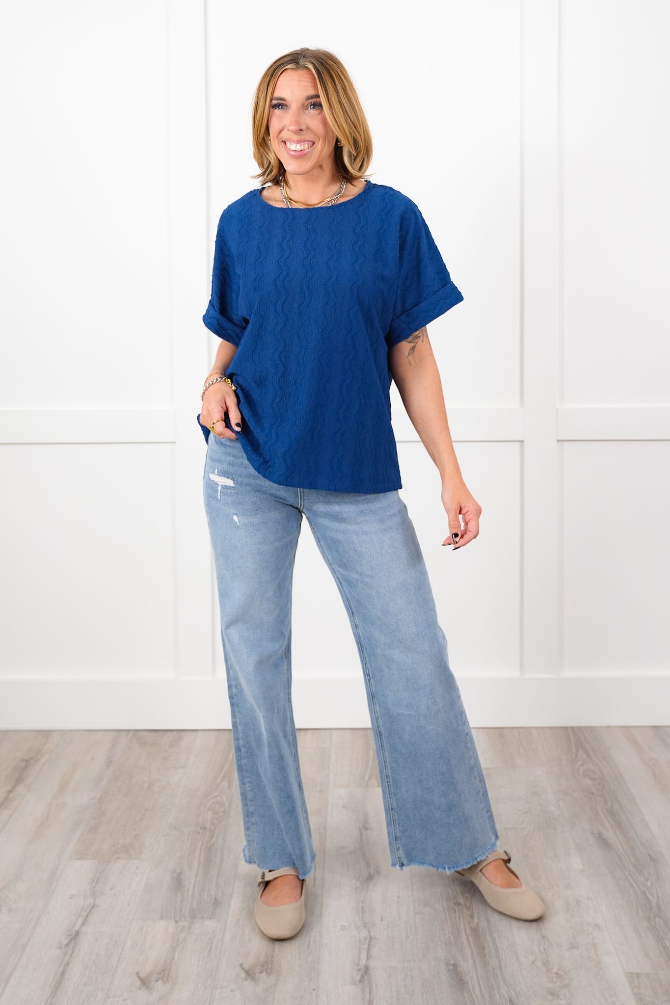 Door Buster! Plus/Reg Textured Short Dolman Sleeve Round Neck Blouse