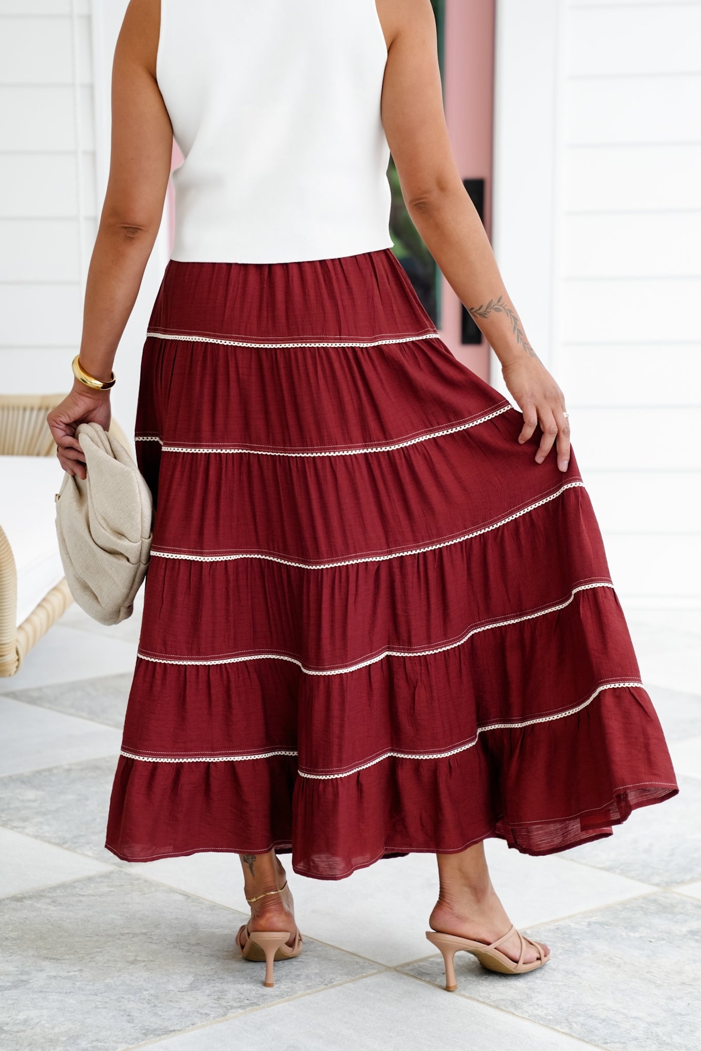 Elastic Waist Tiered Maxi Skirt with Crochet Trim Detail