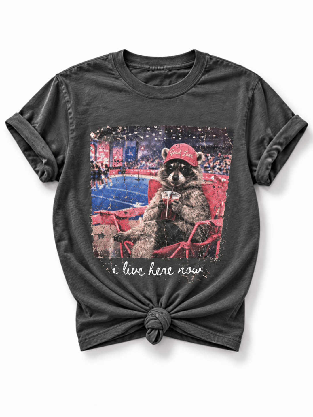 Plus/Reg Short Sleeve "I Live Here Now" Cheer Raccoon Graphic Tee - Freckled Poppy