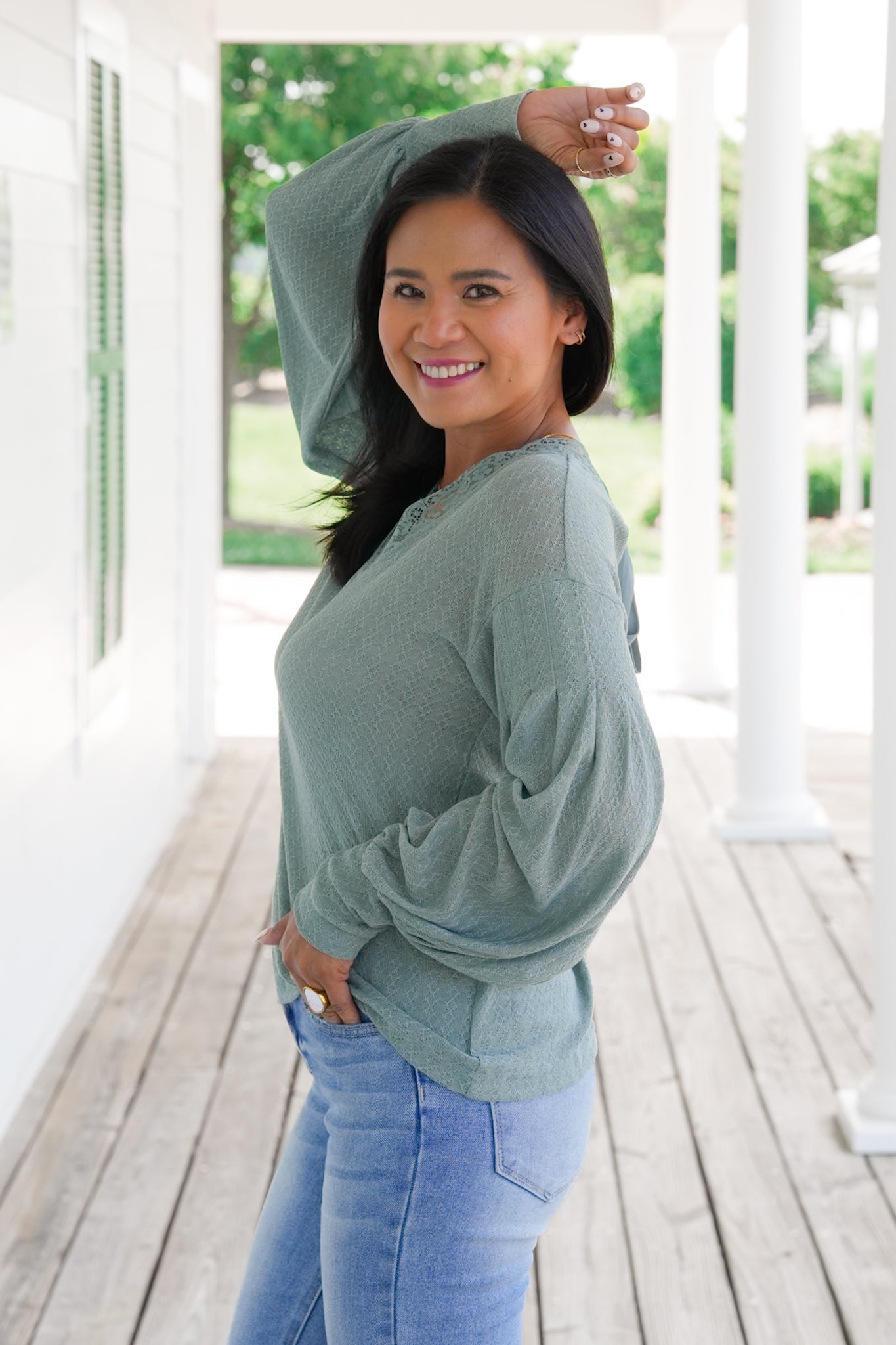 Knit Long Sleeve V Neck Top with Lace Detail (Multiple Colors)